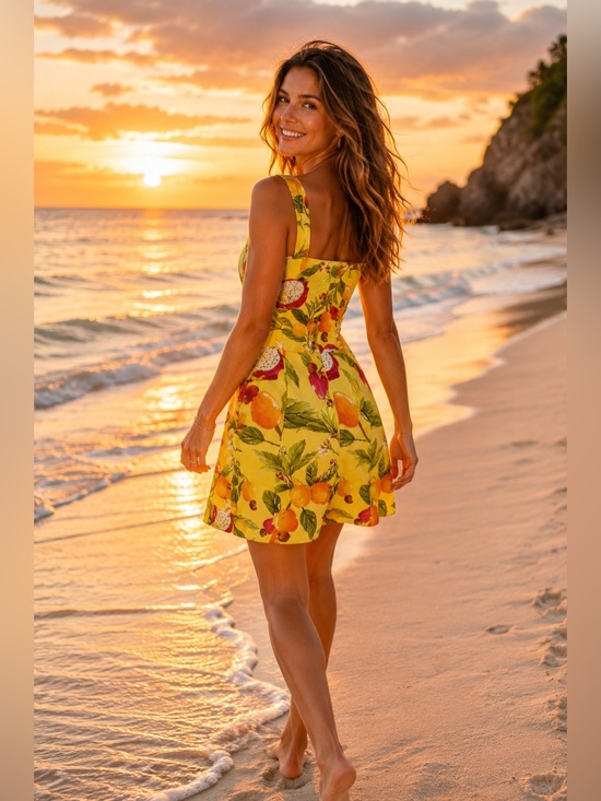 FARM Rio Dresses & Skirts - Farm Rio Fruit Lovers Mini Linen Dress Yellow Multicolor Print Size Medium New